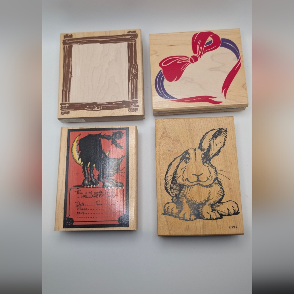 4 Wood Mount Rubber Stamps Halloween Heats Border Bunny Rabbit